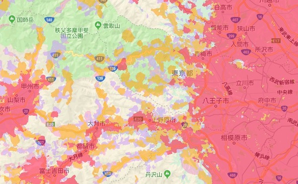 docomo公式サイトの通信・エリアから都道府県や住所を入力して表示する