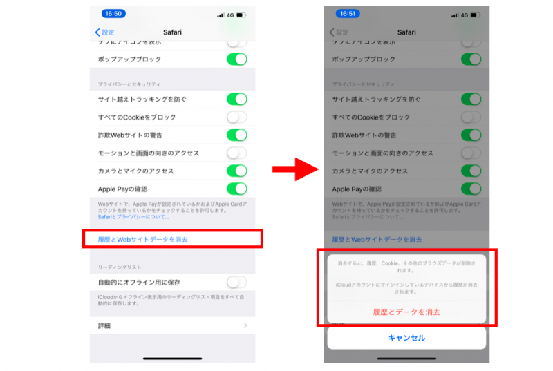 履歴とサイトデータを削除する画面