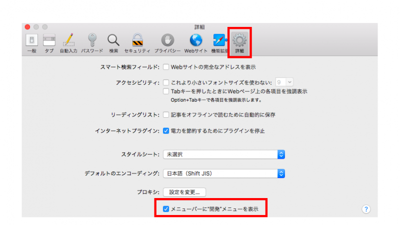 macキャッシュの削除方法「詳細」と「メニューバーに開発メニューを表示」の図